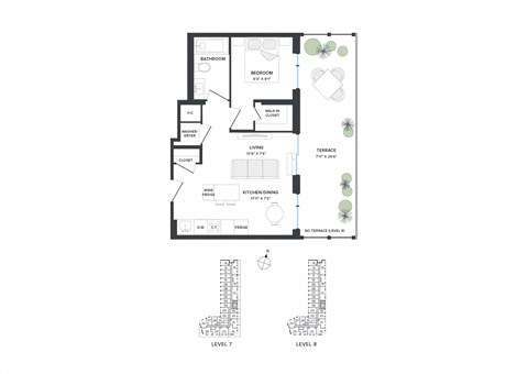 Floor plan for 1 bed, 1 bath, 526 sqft